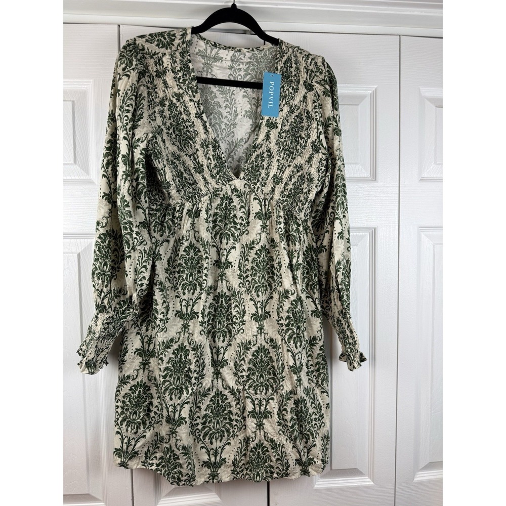 Popvil Green Damask V Neck Long Sleeve Mini Dress NWT Size Large